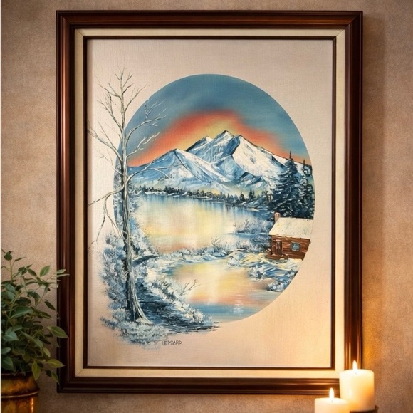 Other - Oil Painting Winter At Dawn Cabin On Pond Signed Margaret Peggy Ledgard 1988